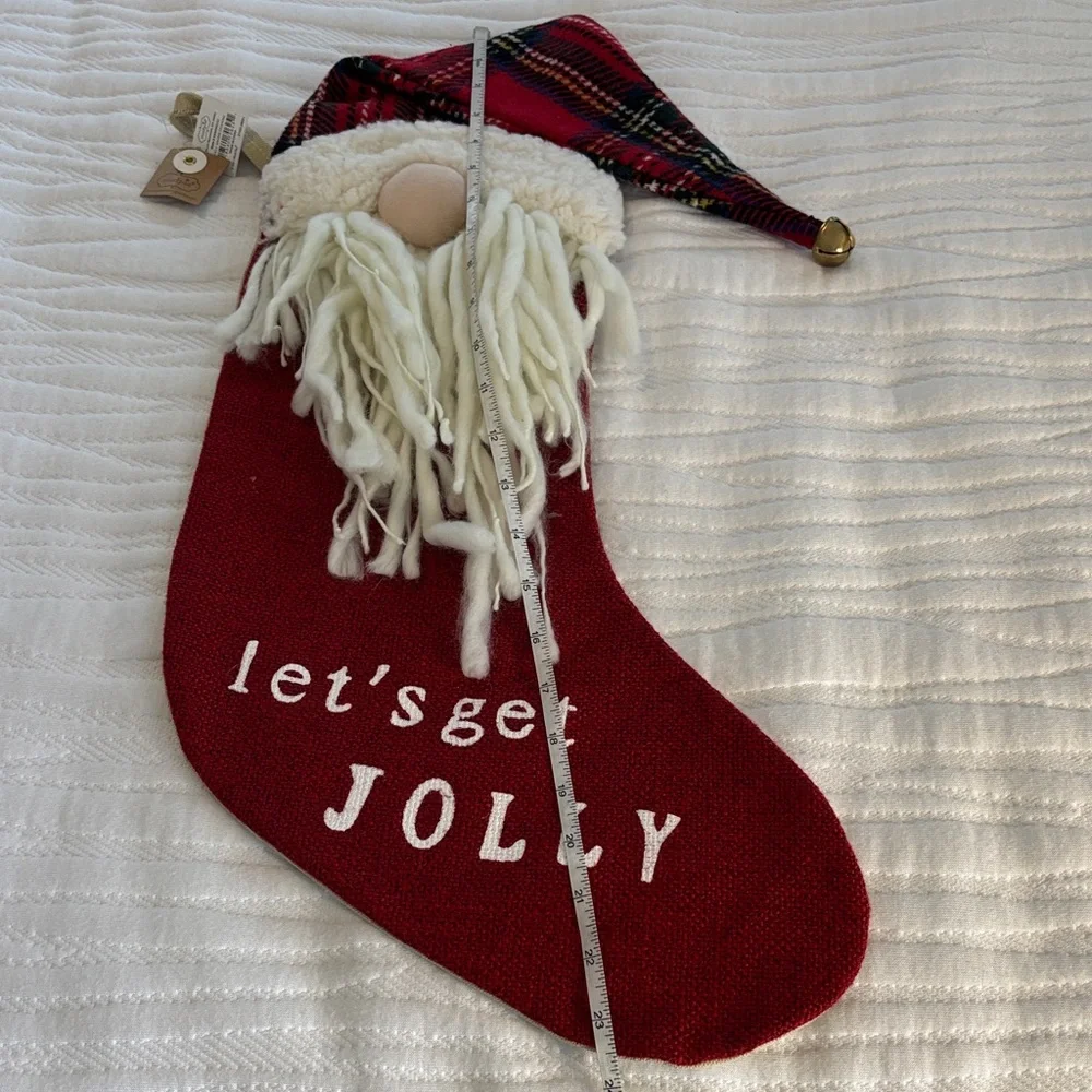 Mud Pie Red Gnome Santa Stocking with Plaid Hat and Fuzzy Beard NWT